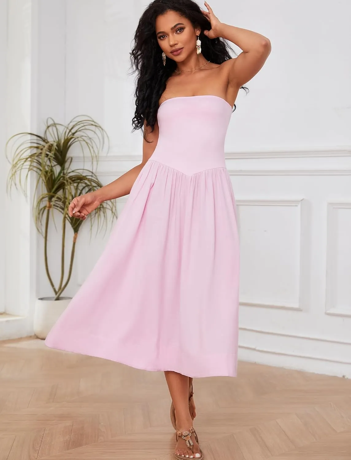 Ythomm Women Strapless Maxi Dress Casual Patchwork Pleated Backless Flowy Long Dress Summer Solid Tube Dresses with Pocket