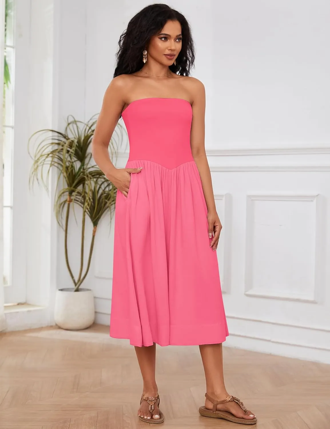 Ythomm Women Strapless Maxi Dress Casual Patchwork Pleated Backless Flowy Long Dress Summer Solid Tube Dresses with Pocket