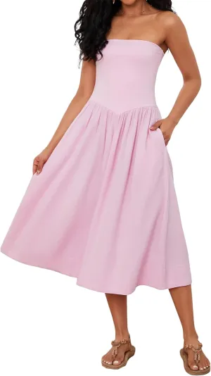 Ythomm Women Strapless Maxi Dress Casual Patchwork Pleated Backless Flowy Long Dress Summer Solid Tube Dresses with Pocket