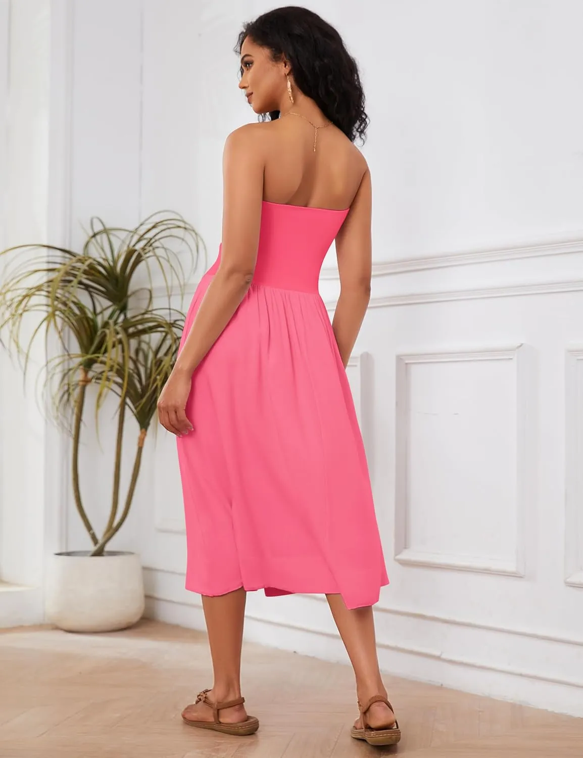 Ythomm Women Strapless Maxi Dress Casual Patchwork Pleated Backless Flowy Long Dress Summer Solid Tube Dresses with Pocket
