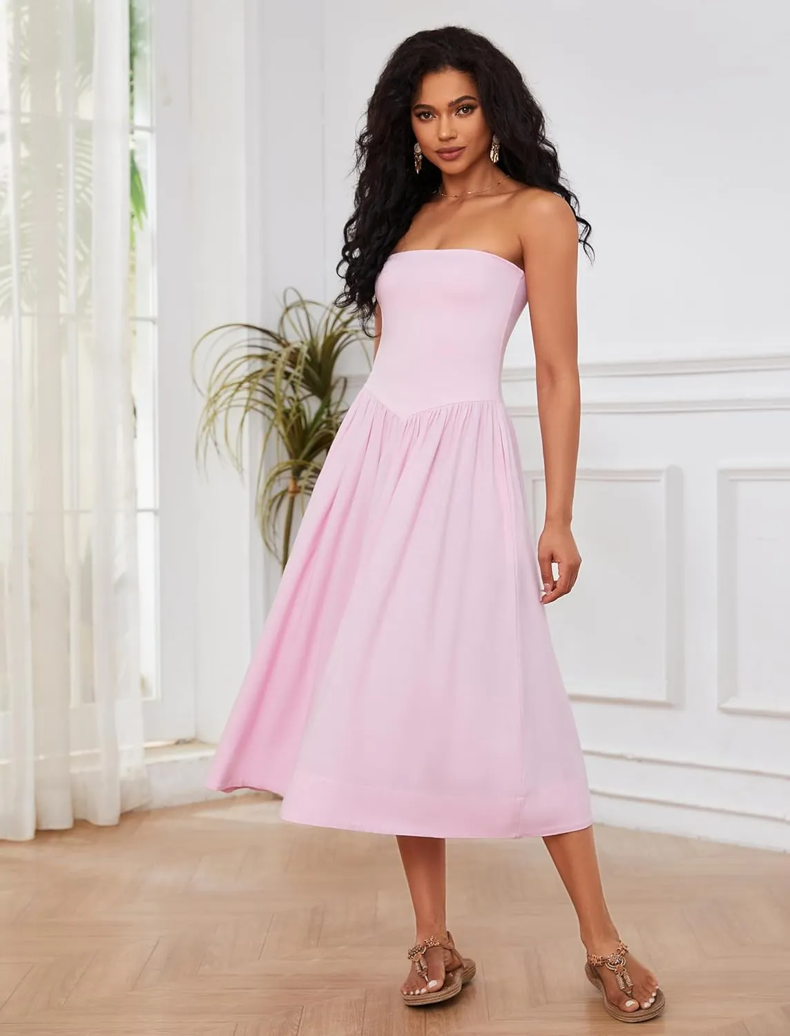 Ythomm Women Strapless Maxi Dress Casual Patchwork Pleated Backless Flowy Long Dress Summer Solid Tube Dresses with Pocket