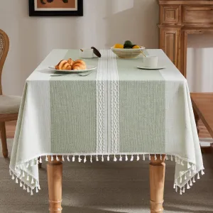 ZeeMart Contrast Linen Table Cloth Square Table Cloths 52x52 Inch Mid-Stripe Green, Farmhouse Style Heavy Weight Sage Green Tablecloth, Water Resistant Burlap Tablecloths