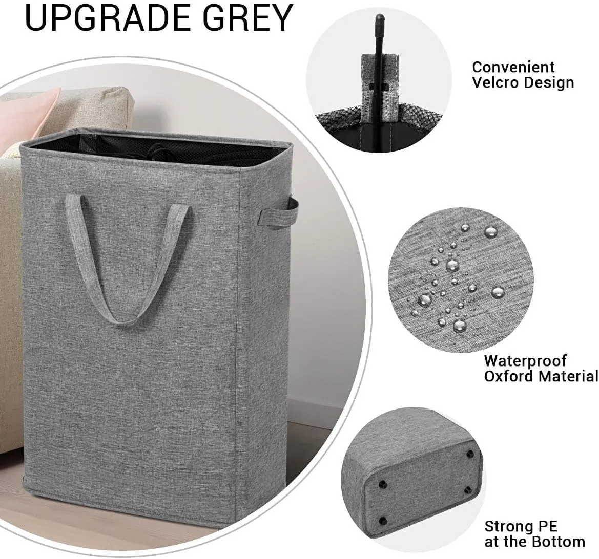 ZERO JET LAG Slim Laundry Hamper With Handles Collapsible Laundry Basket Thin Dirty Clothes Basket Narrow Laundry Bag Foldable Dirty Cloth Hamper 45L (21 inches,Dark Grey)