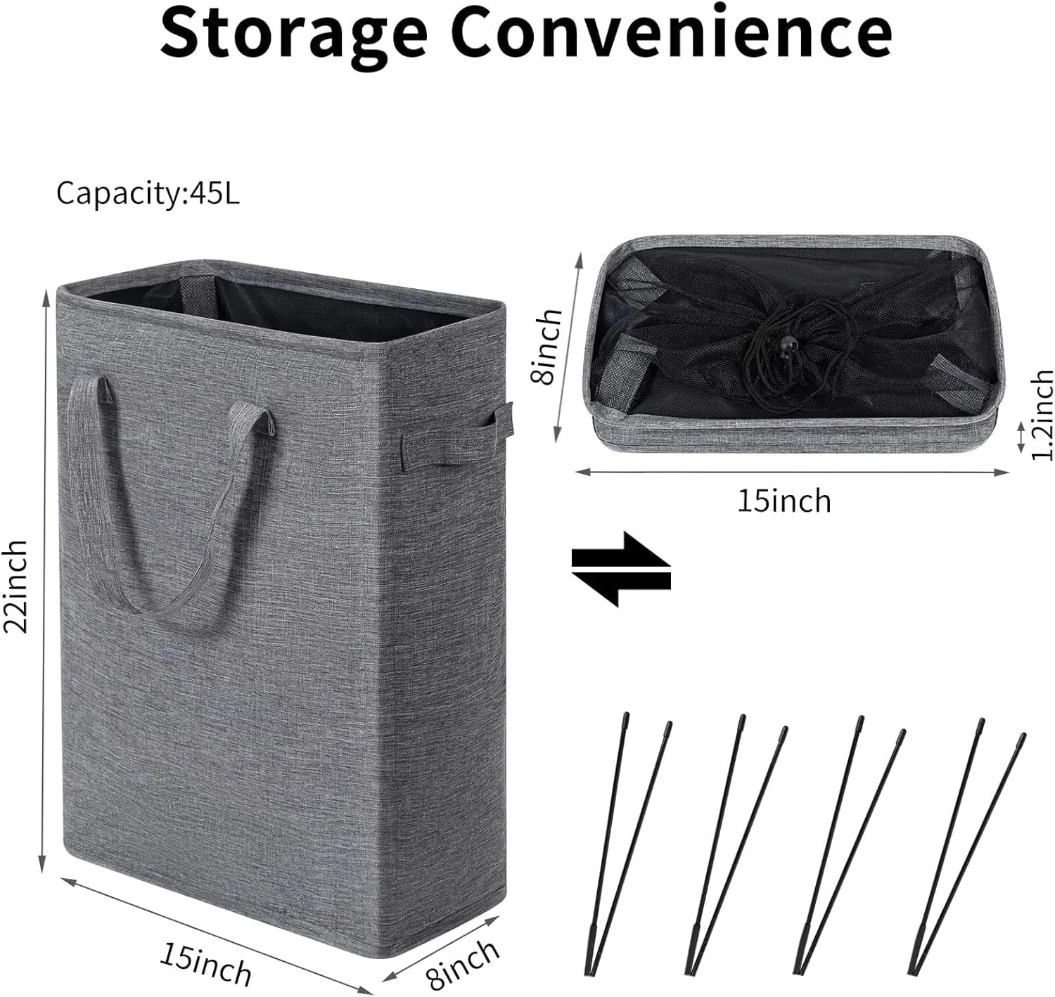 ZERO JET LAG Slim Laundry Hamper With Handles Collapsible Laundry Basket Thin Dirty Clothes Basket Narrow Laundry Bag Foldable Dirty Cloth Hamper 45L (21 inches,Dark Grey)