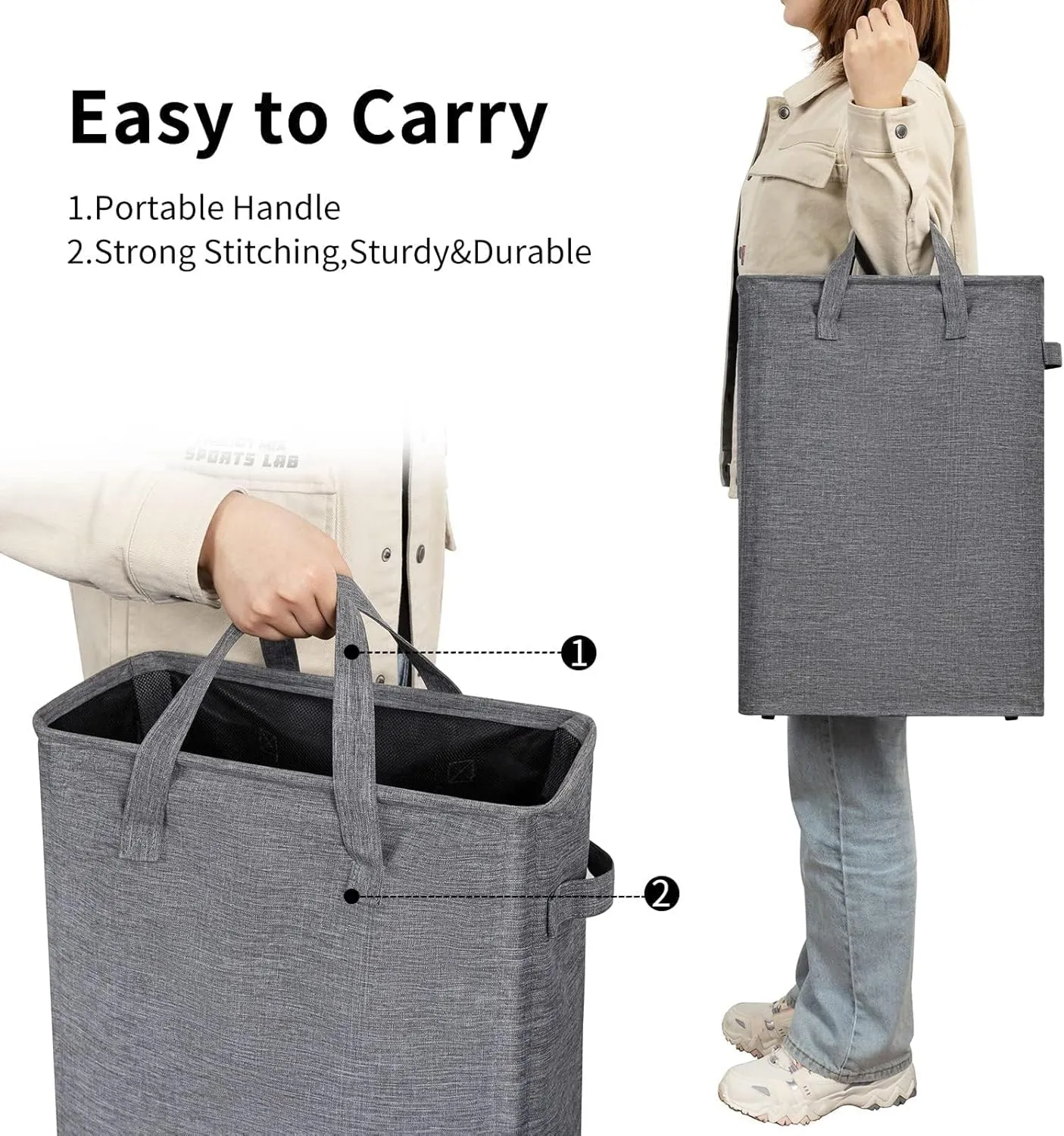 ZERO JET LAG Slim Laundry Hamper With Handles Collapsible Laundry Basket Thin Dirty Clothes Basket Narrow Laundry Bag Foldable Dirty Cloth Hamper 45L (21 inches,Dark Grey)