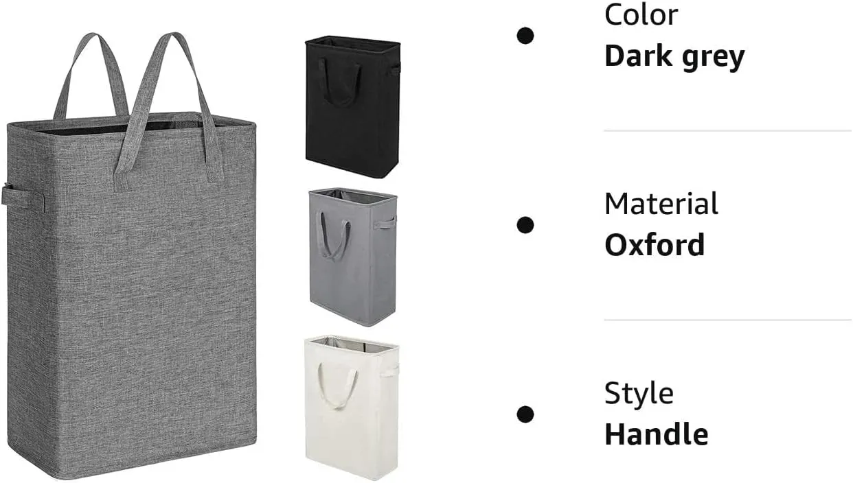 ZERO JET LAG Slim Laundry Hamper With Handles Collapsible Laundry Basket Thin Dirty Clothes Basket Narrow Laundry Bag Foldable Dirty Cloth Hamper 45L (21 inches,Dark Grey)