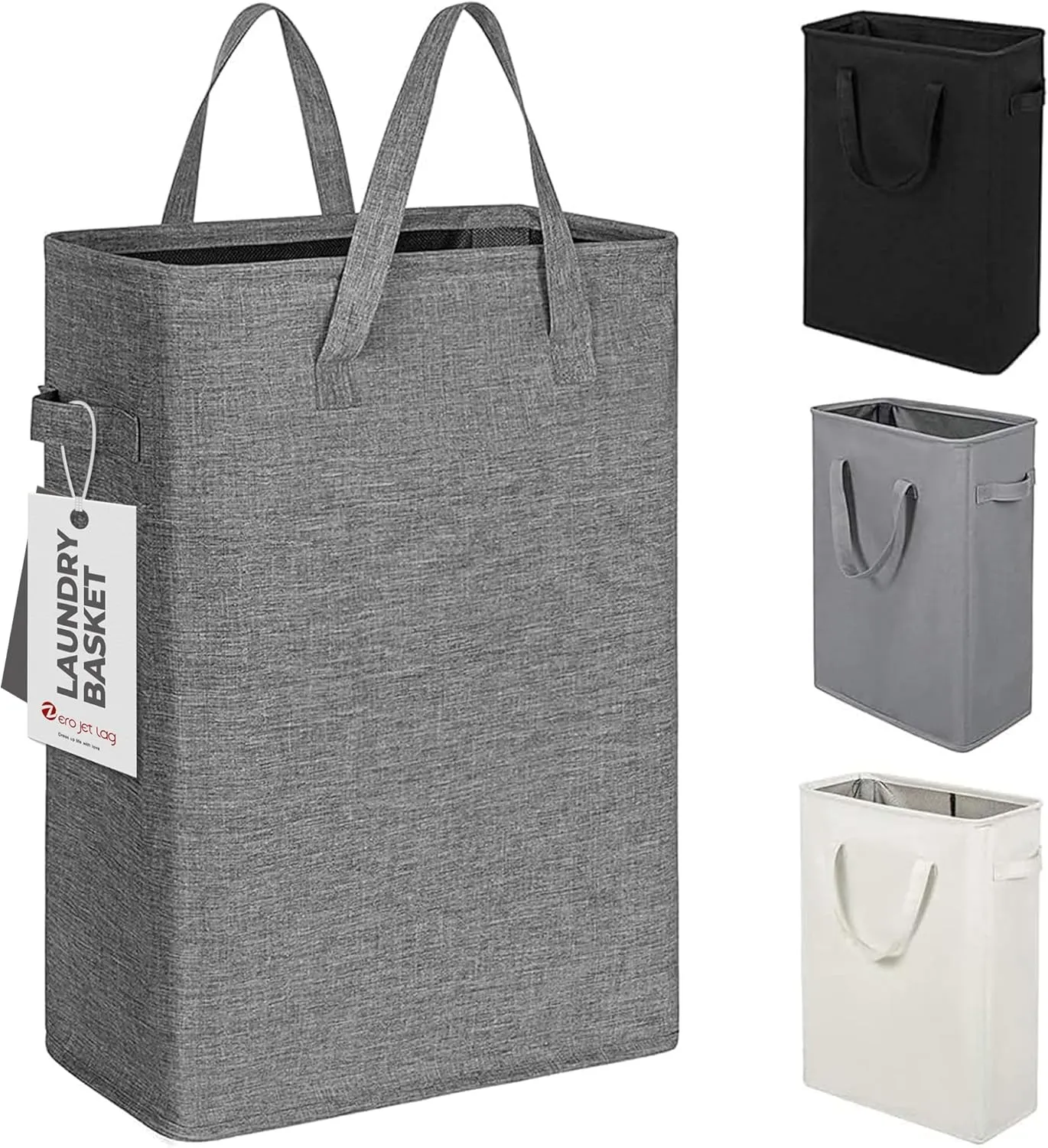 ZERO JET LAG Slim Laundry Hamper With Handles Collapsible Laundry Basket Thin Dirty Clothes Basket Narrow Laundry Bag Foldable Dirty Cloth Hamper 45L (21 inches,Dark Grey)