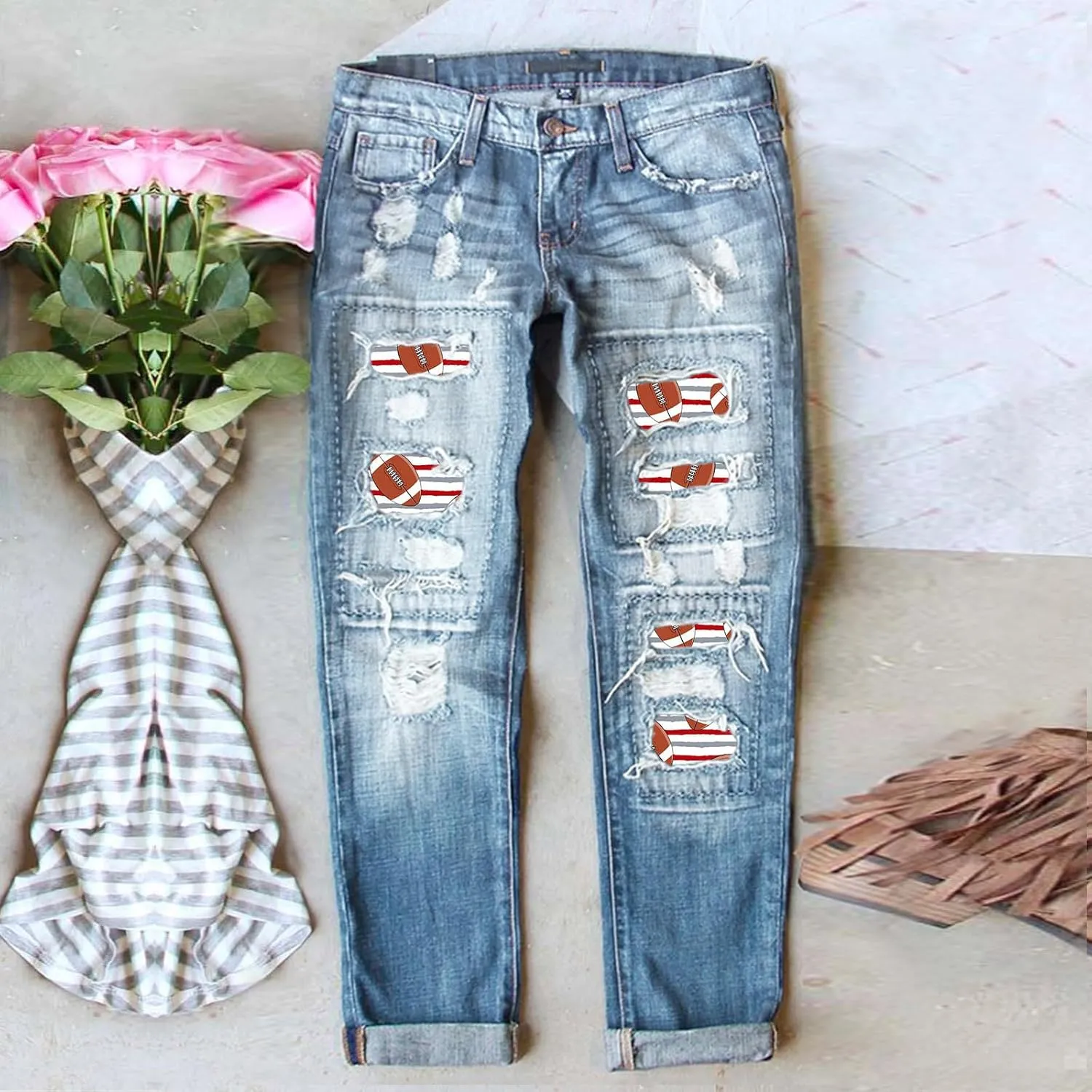 ZOCAVIA Womens Ripped Denim Pants Plus Size Casual Stretch Skinny High Waist Washed Jeans Patched Patchwork Denim Jeans