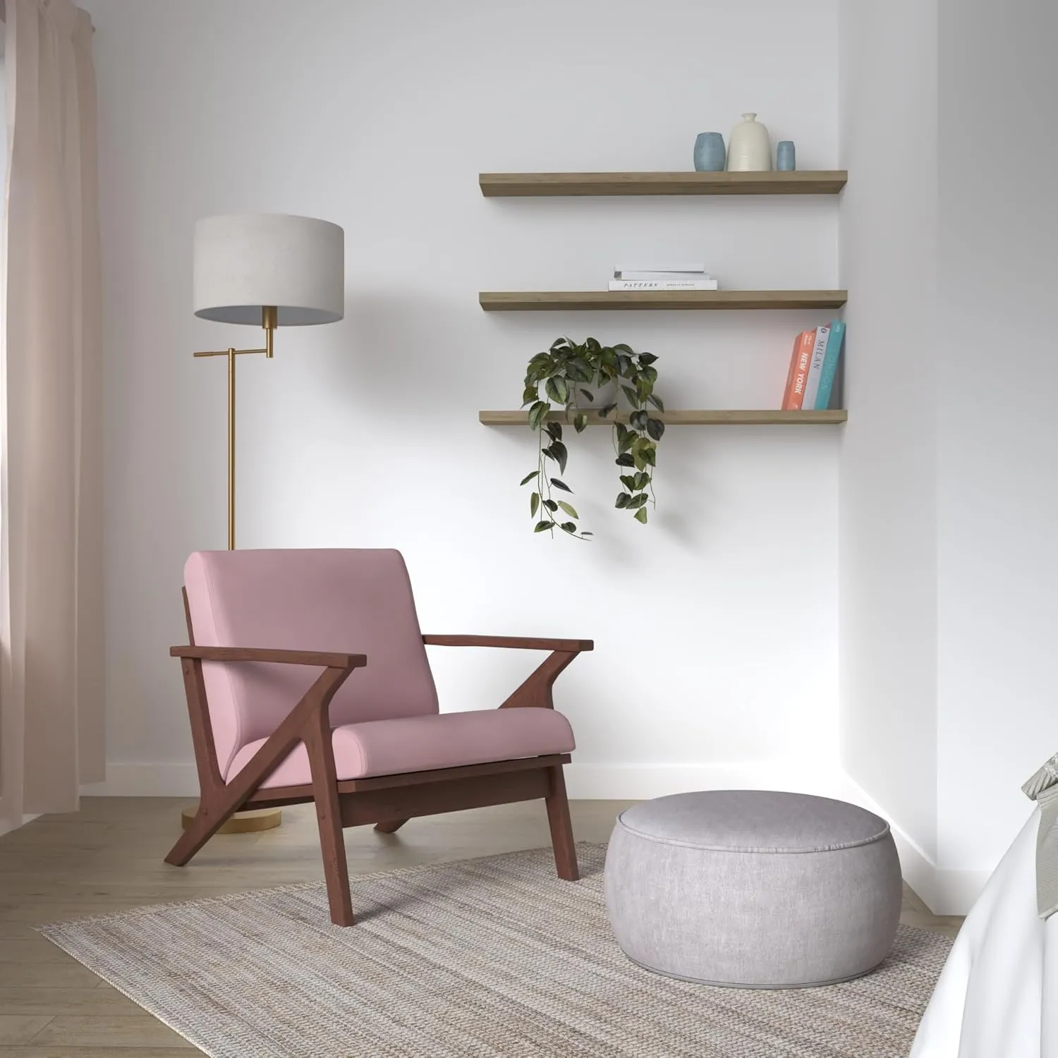 Zola Mid Century Modern Accent Chair Arm Chair: The Perfect Reading, Living Room, and Bedroom Chairs for Modern Home Furniture Use! Solid Wood Frame, Blush Velvet/Walnut